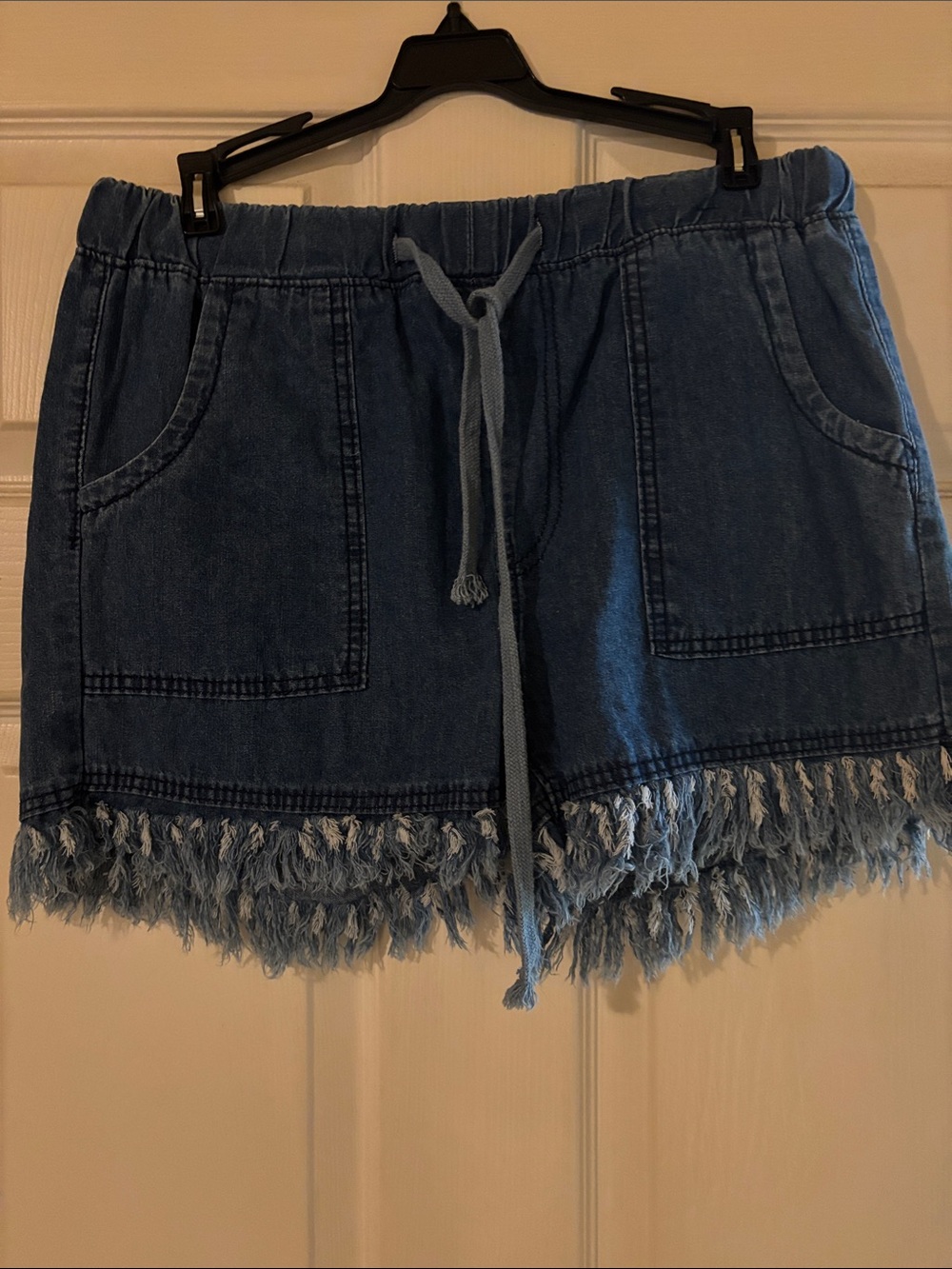 Denim Fringe Drawstring Women's Shorts - Blue - Picture 1 of 2